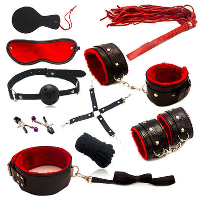 10Pcs/Set PU Leather SM Sex Bondage Set Handcuffs Nipple Clamps Collar Gag Whip Rope