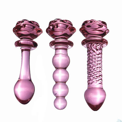 Pink Rose Flower Shape Glass Dildo Anal Sex Toys For Woman