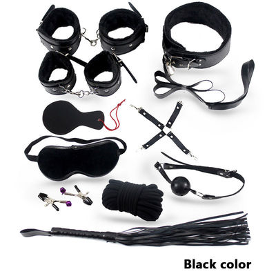 10Pcs/Set PU Leather SM Sex Bondage Set Handcuffs Nipple Clamps Collar Gag Whip Rope