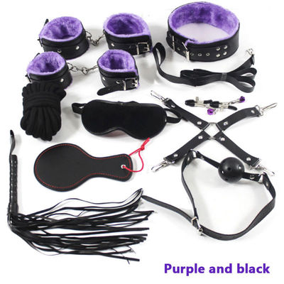 10Pcs/Set PU Leather SM Sex Bondage Set Handcuffs Nipple Clamps Collar Gag Whip Rope