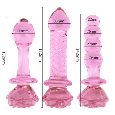 Pink Rose Flower Shape Glass Dildo Anal Sex Toys For Woman